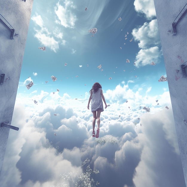 a girl is standing in the clouds looking out of a window