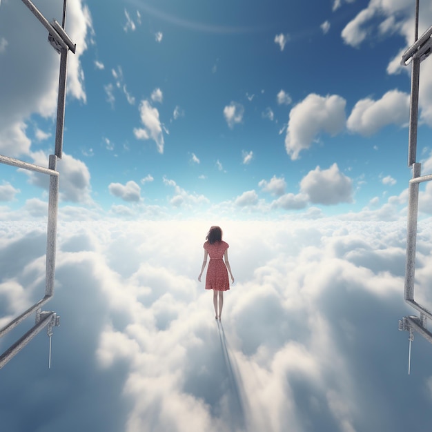 a girl is standing on the clouds with a picture of a woman in a pink dress