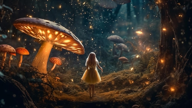 a girl is standing in a forest with mushrooms