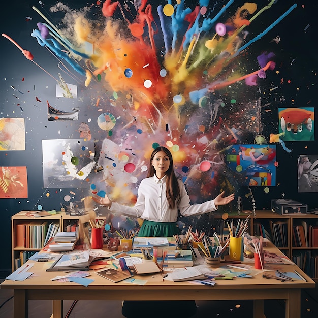 a girl is standing in front of a colorful painting world teachers day concept