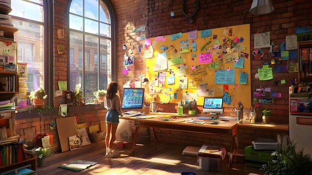 Photo a girl is standing in front of a computer with post it notes on the wall