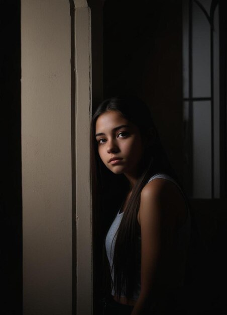 a girl is standing in front of a door with a window behind her