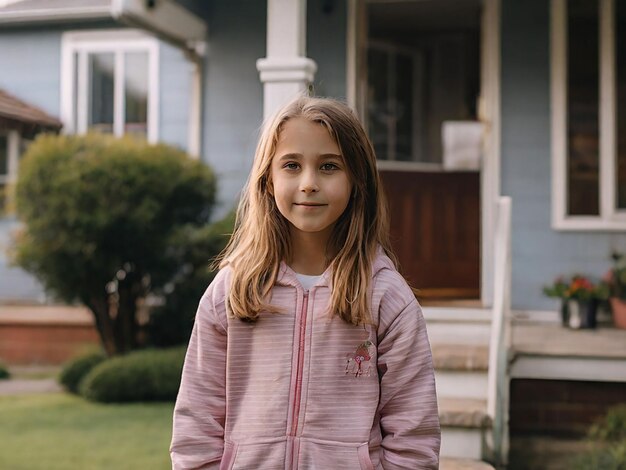 A girl is standing in front of the house