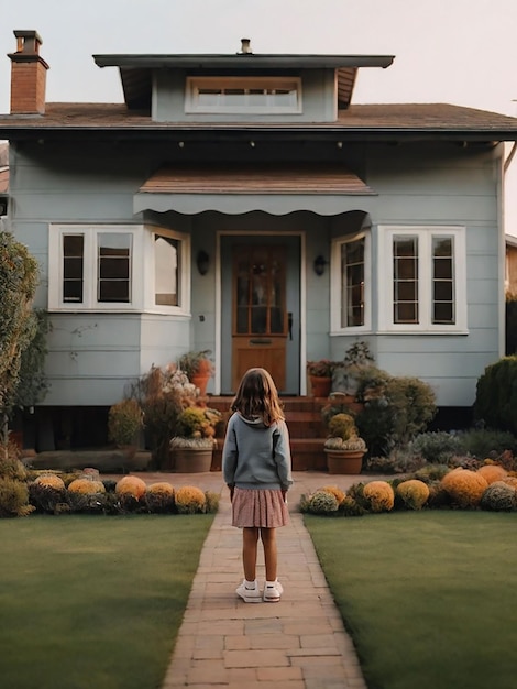 A girl is standing in front of the house