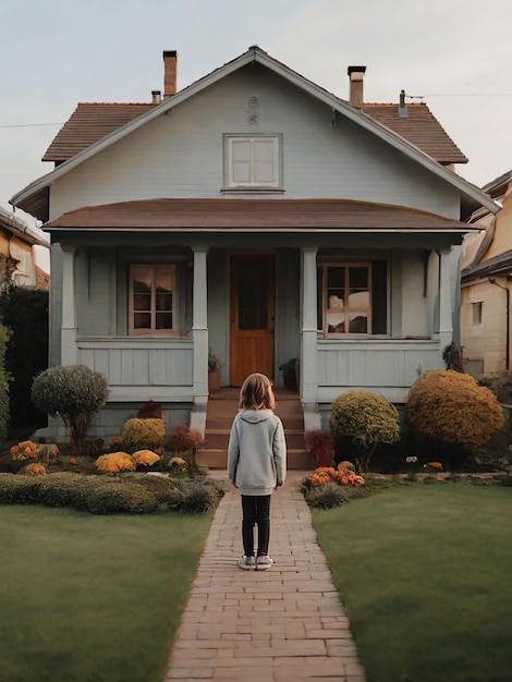 A girl is standing in front of the house