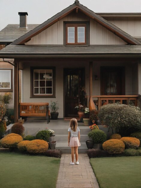 A girl is standing in front of the house