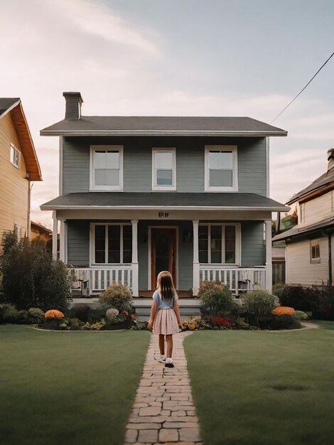 A girl is standing in front of the house