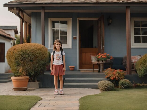 A girl is standing in front of the house