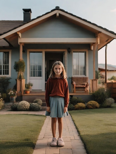 A girl is standing in front of the house