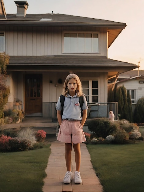 A girl is standing in front of the house