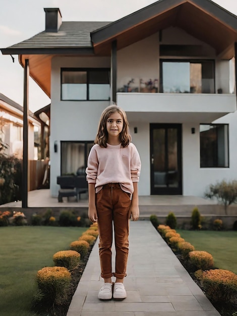 A girl is standing in front of the house