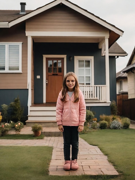 A girl is standing in front of the house