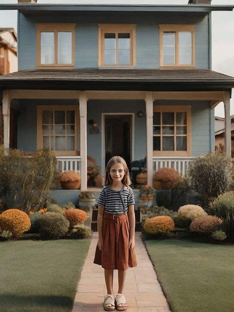 A girl is standing in front of the house