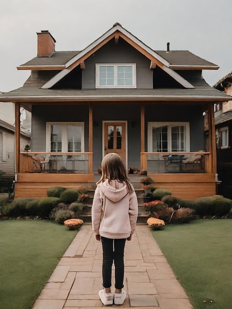 A girl is standing in front of the house