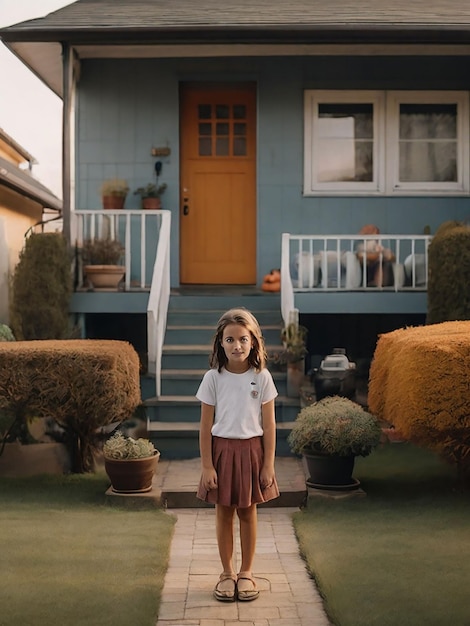 A girl is standing in front of the house