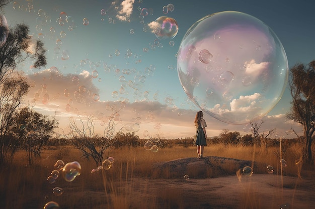 Photo a girl is standing on a rock and is looking up at bubbles