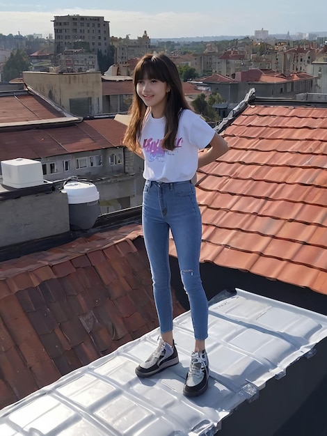 Photo a girl is standing on the roof