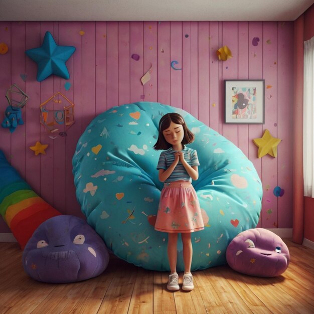 Photo a girl is standing in a room with a bean bag chair and a colorful pillow