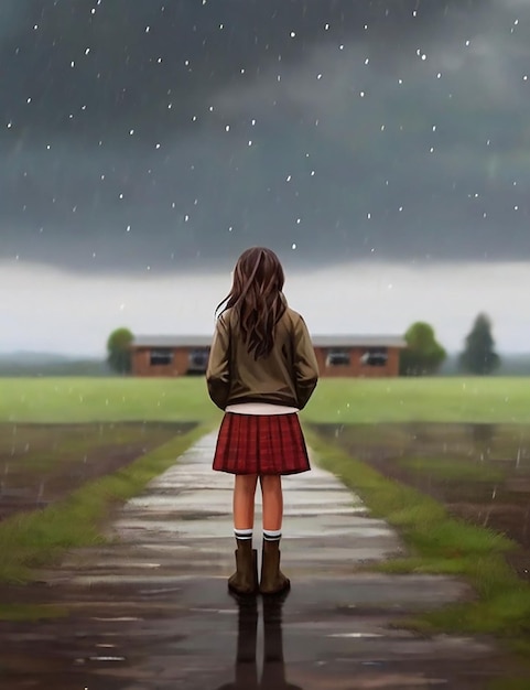 A girl is standing in a school field now that it is raining