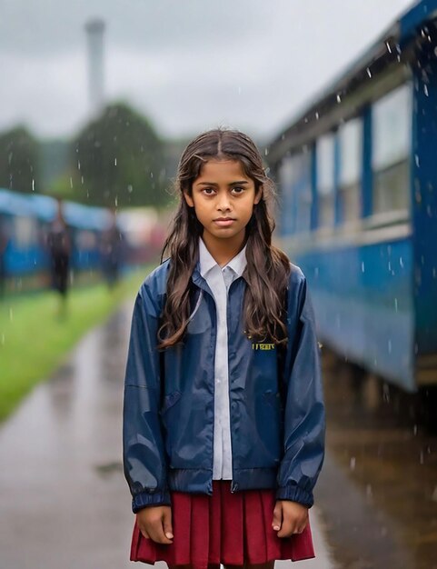 A girl is standing in a school field now that it is raining