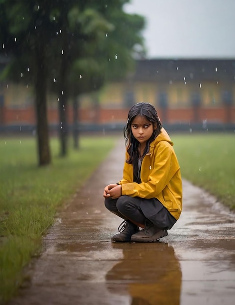 A girl is standing in a school field now that it is raining