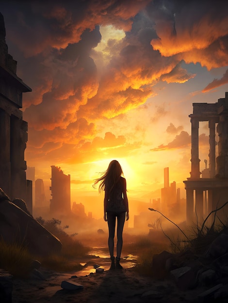 a girl is standing with a sunset in the background