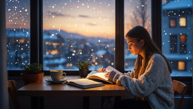 the girl is studying by the window and she is writing in the book