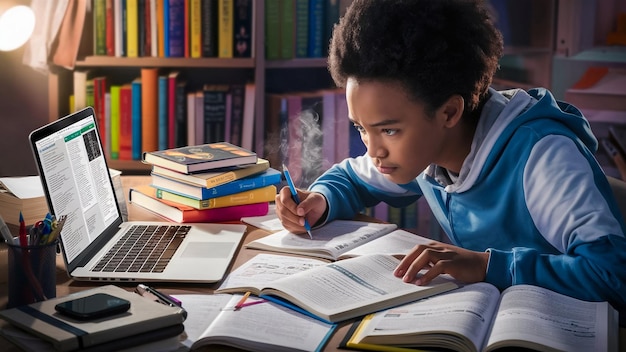 a girl is studying with books on a desk and a laptop on the table