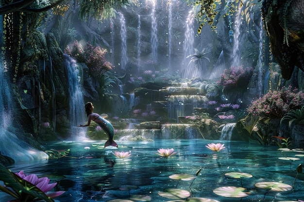 a girl is swimming in a pond with lily pads and flowers