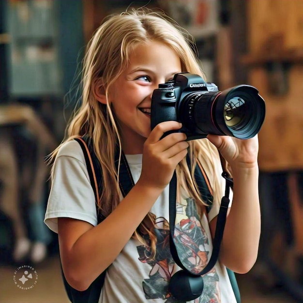 a girl is taking a photo with a camera