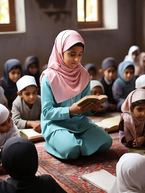 Photo a girl is teaching children in a madrasa