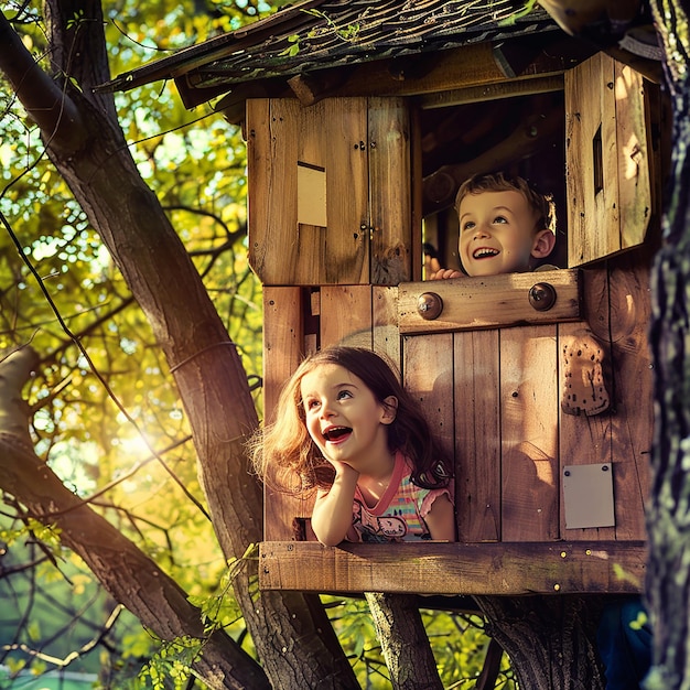 Photo a girl is in a tree house that has a boy in it