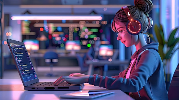 a girl is using a computer with headphones on her head