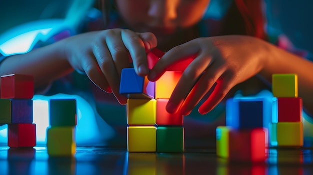 Girl is using hands assembling colored cubes in child development builder concept Generative AI