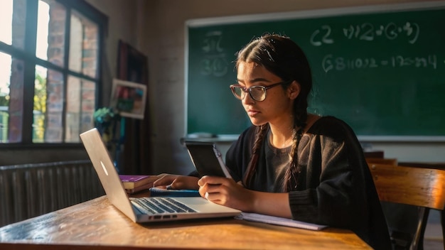 a girl is using a laptop and a credit card on the table