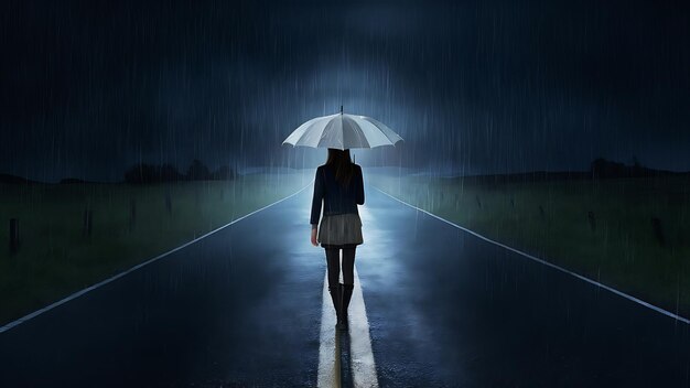 A girl is walking along the road with an umbrella on a rainy night