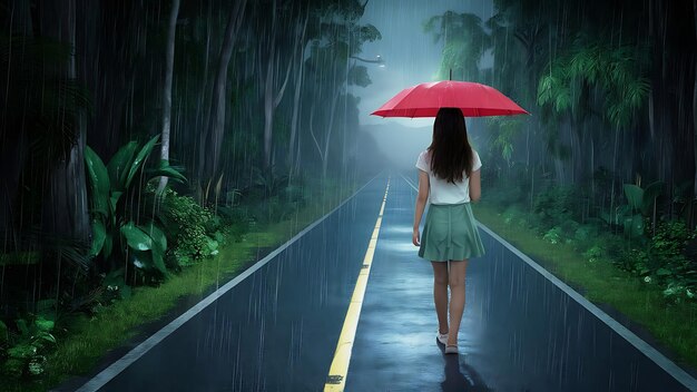 A girl is walking along the road with an umbrella on a rainy night