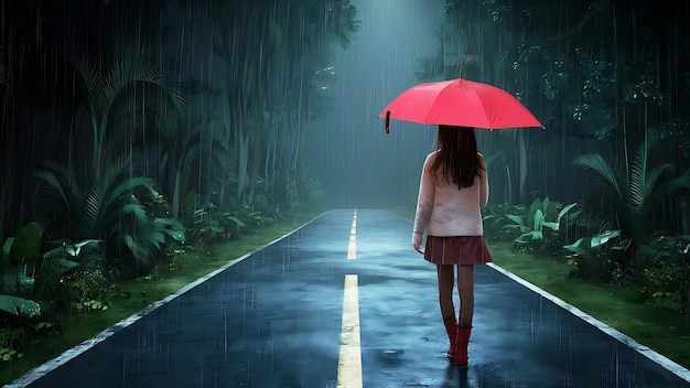 A girl is walking along the road with an umbrella on a rainy night