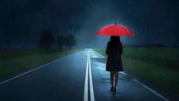 A girl is walking along the road with an umbrella on a rainy night