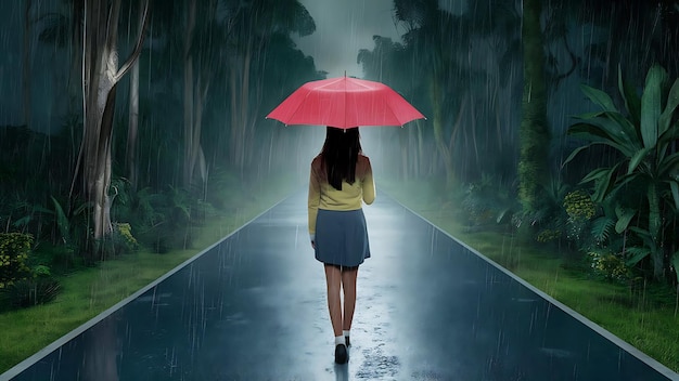 A girl is walking along the road with an umbrella on a rainy night