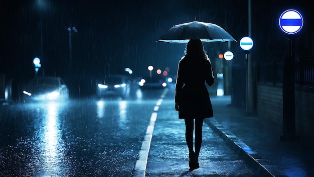 A girl is walking along the road with an umbrella on a rainy night