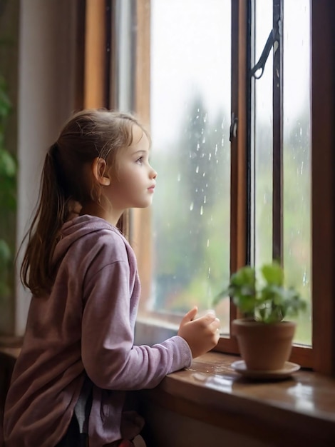 A girl is watching the rain outside from the window of the house