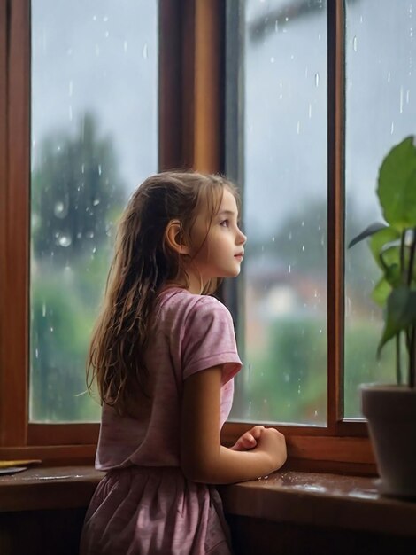 A girl is watching the rain outside from the window of the house