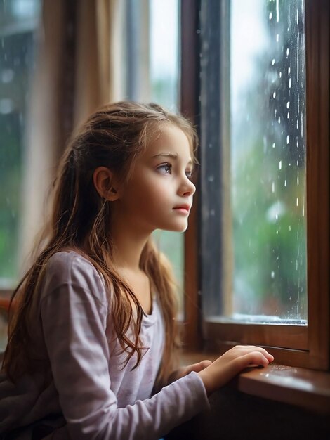 A girl is watching the rain outside from the window of the house