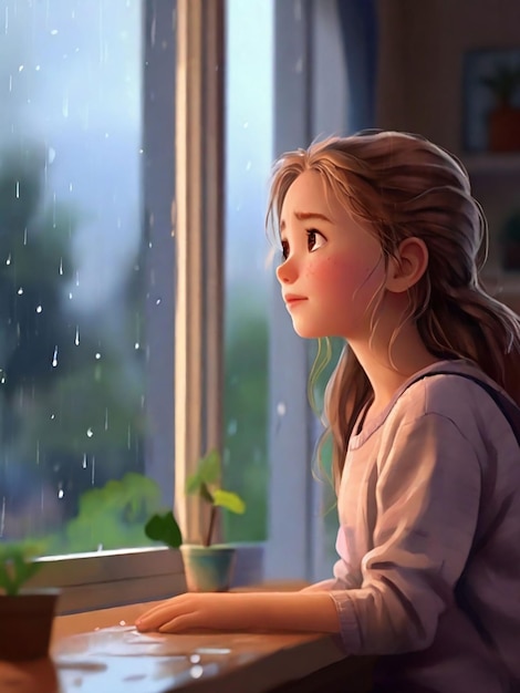 A girl is watching the rain outside from the window of the house