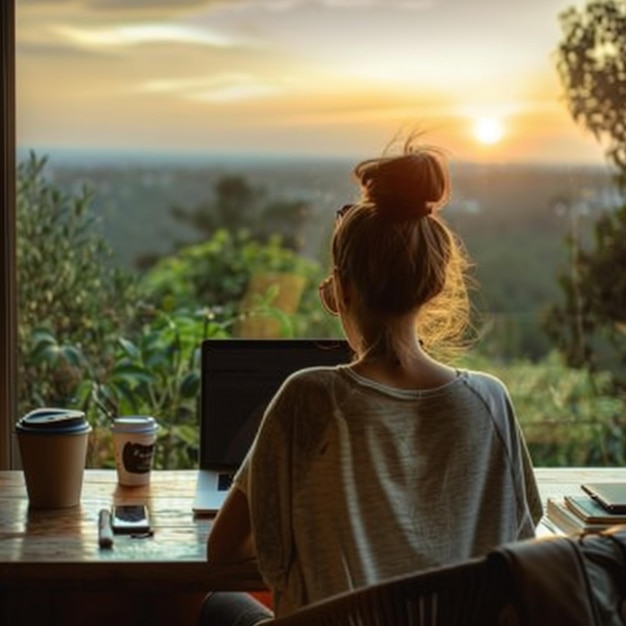 Photo a girl is watching the sunset on her computer