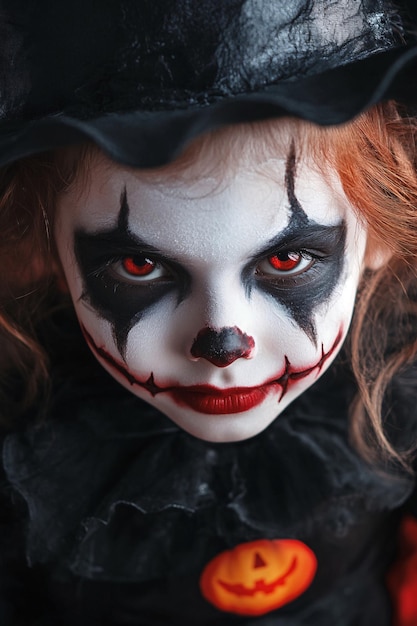 Girl is wearing a scary clown costume with black hat and red hair for halloween