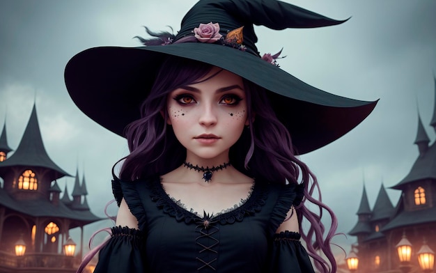 The girl is a witch Portrait of a beautiful woman in a stylish outfit Generative AI