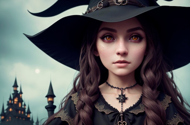 The girl is a witch Portrait of a beautiful woman in a stylish outfit Generative AI