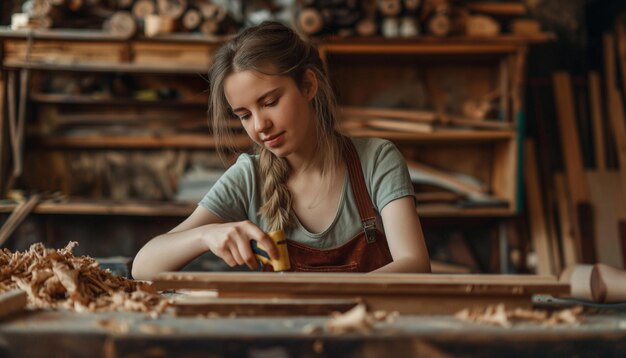 Photo a girl is working on a piece of wood with a red apron